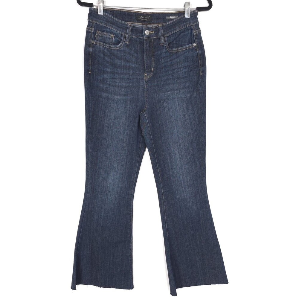 JUDY BLUE Women Flare Jeans Dark Wash Mid Rise Raw Hem Stretch Denim 7/28